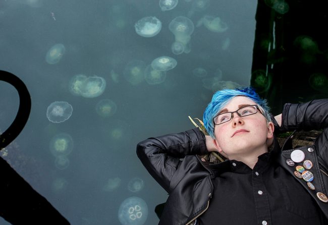 High School senior portrait, jellyfish, blue hair, harbor, dock, ocean, Puget Sound